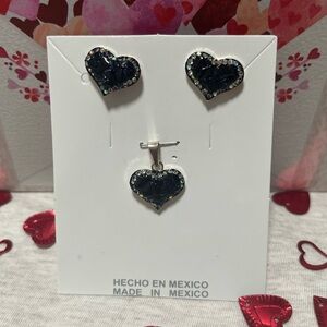 Sterling silver .925 Heart-Shaped Black Crystal Jewelry Set - Made in Mexico